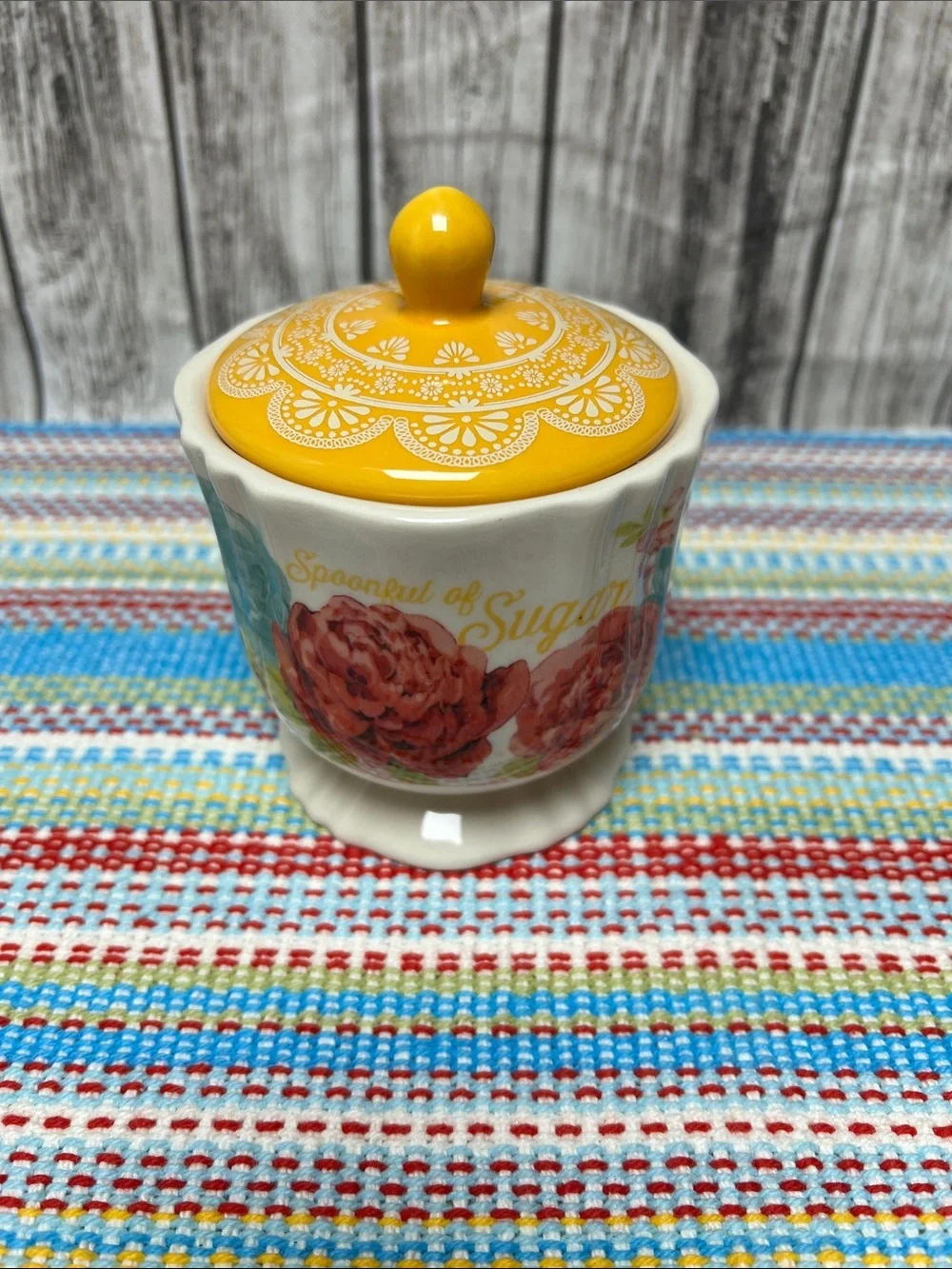 The Pioneer Woman Blossom Jubilee ceramic sugar bowl with yellow lid